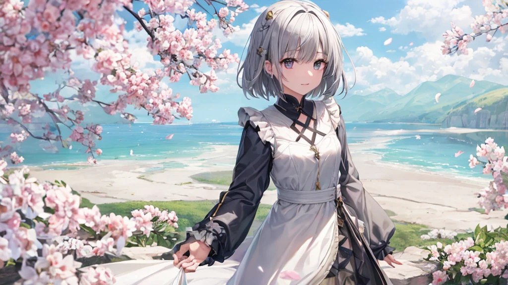 Ultra HD,Look at the viewers, Put your hands behind your back, With a girl, 20-year-old, 非常にShort Hair, Long bangs between the eyes, Pale blue eyes, Very detailed,(masterpiece、Highest quality),Gray Hair、Laughter、Fantastic, Silver Hair, Iris, Short hair、 Fluttering Hair、Small Face、明るいsmile、(Detailed face) ,Professional Lighting,Wonderful landscape,blue sky, sunlight,Looking down from above,Portraiture、Open your mouth、Flower Field、Her eyes were shining、Mysterious and enchanting atmosphere。With AI Painting、とてもShort Hair, Long bangs between the eyes, Very detailed,(masterpiece、Highest quality)、alone、Gray Hair、Fantasy, Silver Hair, Fantasyな風景、smile、Open your mouth、short hair、Short Hair、hairpin、black eye、Grey Eyes、Beautiful Eyes、Black Shirt、White hoodie