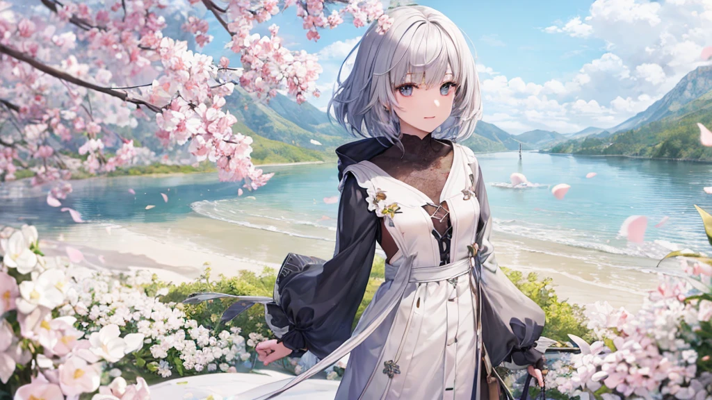 Ultra HD,Look at the viewers, Put your hands behind your back, With a girl, 20-year-old, 非常にShort Hair, Long bangs between the eyes, Pale blue eyes, Very detailed,(masterpiece、Highest quality),Gray Hair、Laughter、Fantastic, Silver Hair, Iris, Short hair、 Fluttering Hair、Small Face、明るいsmile、(Detailed face) ,Professional Lighting,Wonderful landscape,blue sky, sunlight,Looking down from above,Portraiture、Open your mouth、Flower Field、Her eyes were shining、Mysterious and enchanting atmosphere。With AI Painting、とてもShort Hair, Long bangs between the eyes, Very detailed,(masterpiece、Highest quality)、alone、Gray Hair、Fantasy, Silver Hair, Fantasyな風景、smile、Open your mouth、short hair、Short Hair、hairpin、black eye、Grey Eyes、Beautiful Eyes、Black Shirt、White hoodie