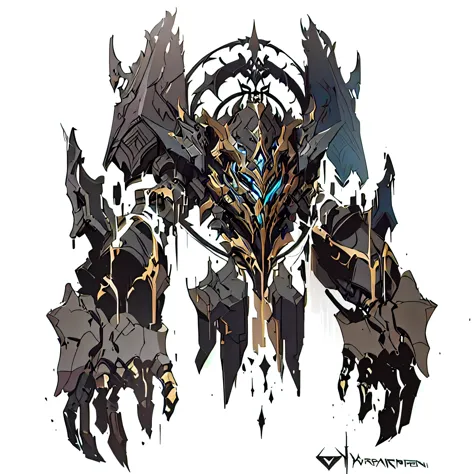 there is a drawing of a demonic creature with a clock, warframe infested art, darksiders art style, warframe concept art, golem, dark high-contrast concept art, symmetric concept art, symmetry!! concept art, darksiders style, greek god in mecha style, doom eternal concept art, demon soul concept art, detailed warframe fanart