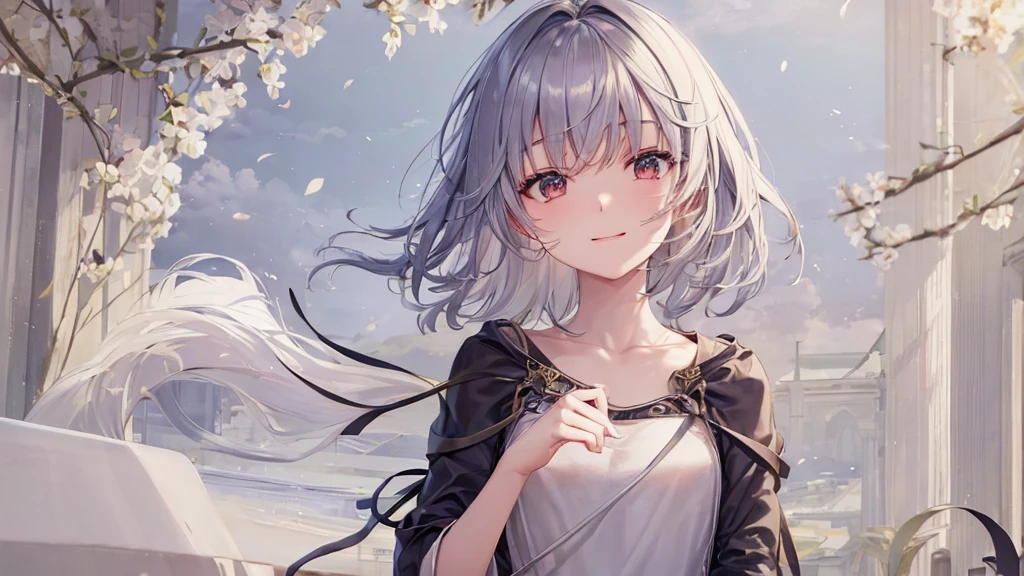 Ultra HD,Look at the viewers, Put your hands behind your back, With a girl, 20-year-old, 非常にShort Hair, Long bangs between the eyes, Pale blue eyes, Very detailed,(masterpiece、Highest quality),Gray Hair、Laughter、Fantastic, Silver Hair, Iris, Short hair、 Fluttering Hair、Small Face、明るいsmile、(Detailed face) ,Professional Lighting,Wonderful landscape,blue sky, sunlight,Looking down from above,Portraiture、Open your mouth、Flower Field、Her eyes were shining、Mysterious and enchanting atmosphere。With AI Painting、とてもShort Hair, Long bangs between the eyes, Very detailed,(masterpiece、Highest quality)、alone、Gray Hair、Fantasy, Silver Hair, Fantasyな風景、smile、Open your mouth、short hair、Short Hair、hairpin、black eye、Grey Eyes、Beautiful Eyes、Black Shirt、White hoodie