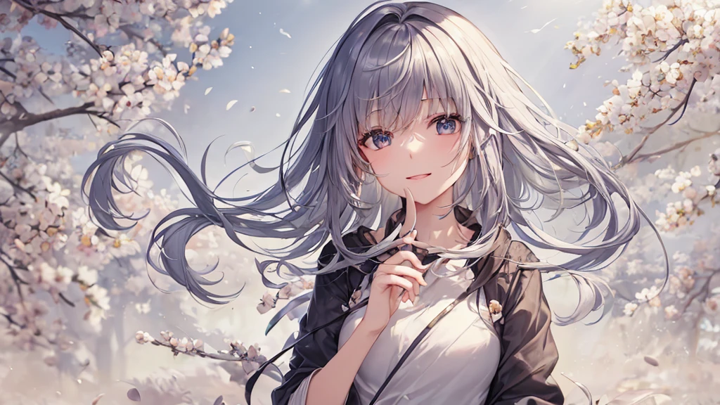 Ultra HD,Look at the viewers, Put your hands behind your back, With a girl, 20-year-old, 非常にShort Hair, Long bangs between the eyes, Pale blue eyes, Very detailed,(masterpiece、Highest quality),Gray Hair、Laughter、Fantastic, Silver Hair, Iris, Short hair、 Fluttering Hair、Small Face、明るいsmile、(Detailed face) ,Professional Lighting,Wonderful landscape,blue sky, sunlight,Looking down from above,Portraiture、Open your mouth、Flower Field、Her eyes were shining、Mysterious and enchanting atmosphere。With AI Painting、とてもShort Hair, Long bangs between the eyes, Very detailed,(masterpiece、Highest quality)、alone、Gray Hair、Fantasy, Silver Hair, Fantasyな風景、smile、Open your mouth、short hair、Short Hair、hairpin、black eye、Grey Eyes、Beautiful Eyes、Black Shirt、White hoodie