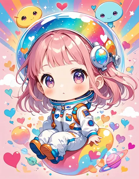 Momoko Sakura colorfull style, Simple Line Initialism，Abstract art，colorful hearts, kawaii design, (((Dream World))), Spacesuit, (((Cute Aliens))), The background is space
