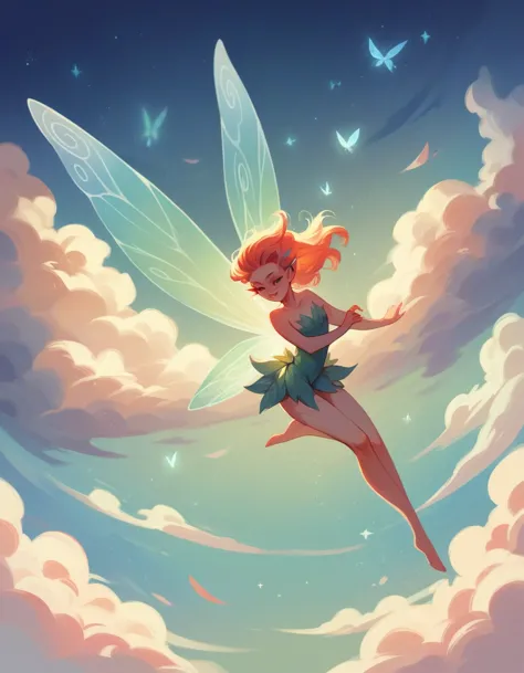A very beautiful fairy flying a sky with rainbows