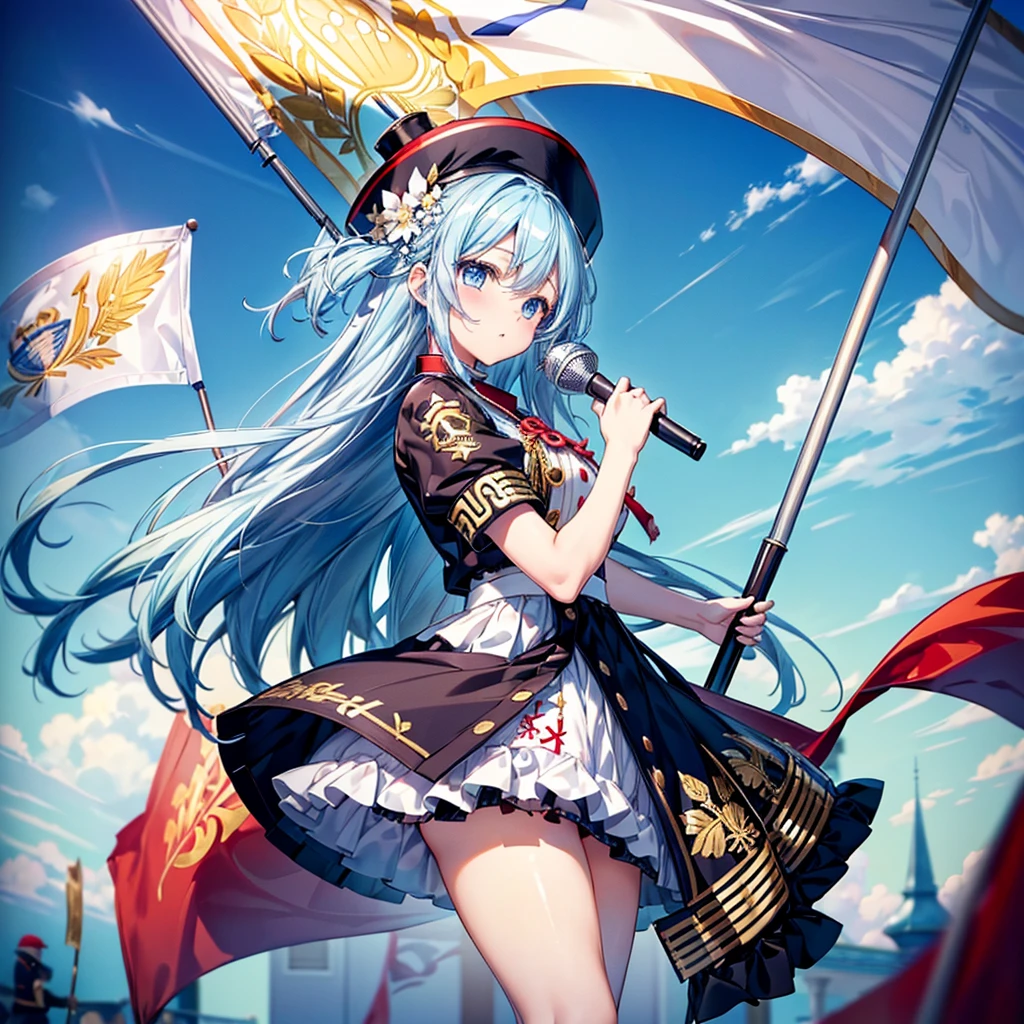 1girl、Dynamic composition、marching band、(((Masterpiece、Highest quality、Official Art、Super detailed、Handsome face、Dynamic composition)))、Anime Style、(Milky white and blue hair:1.3),(Blue eyes:1.4),(Bright colors:1.4),((Asanoha background:1.3)),, marching bandのユニフォームを着たクールな女の子, marching band hat、mini skirt, Frills, Black and white with gold embroidered flag held in both hands,（background:Large red flag on the back with gold floral embroidery, Note, )、euphonium、Huge Flag、