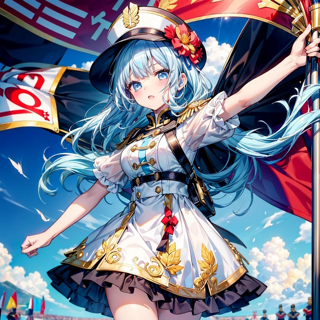 1girl、Dynamic composition、marching band、(((Masterpiece、Highest quality、Official Art、Super detailed、Handsome face、Dynamic composition)))、Anime Style、(Milky white and blue hair:1.3),(Blue eyes:1.4),(Bright colors:1.4),((Asanoha background:1.3)),, marching bandのユニフォームを着たクールな女の子, marching band hat、mini skirt, Frills, Black and white with gold embroidered flag held in both hands,（background:Large red flag on the back with gold floral embroidery, Note, )、euphonium、Huge Flag、