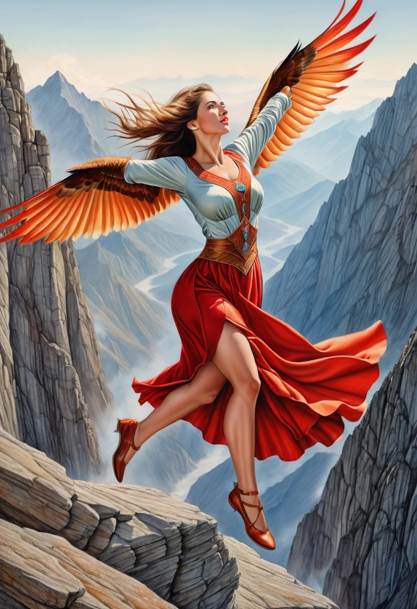 A coloured pencil drawing of a beautiful women with the wings of a red tail halk leaping off a vast mountaintop.