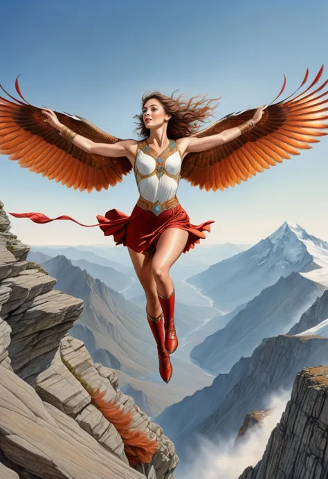 A coloured pencil drawing of a beautiful women with the wings of a red tail halk leaping off a vast mountaintop.