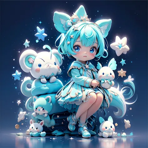 no humans、star fairyで白くて青いかわいい幻想の生き物、star fairy、stuffed toy、cg,stuffed toyにフォーカス、stuffed toyが主役の構図、