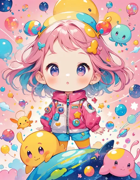 Momoko Sakura colorfull style, Simple Line Initialism，Abstract art,  kawaii design, (((Dream World))), Spacesuit, (((Cute Aliens...