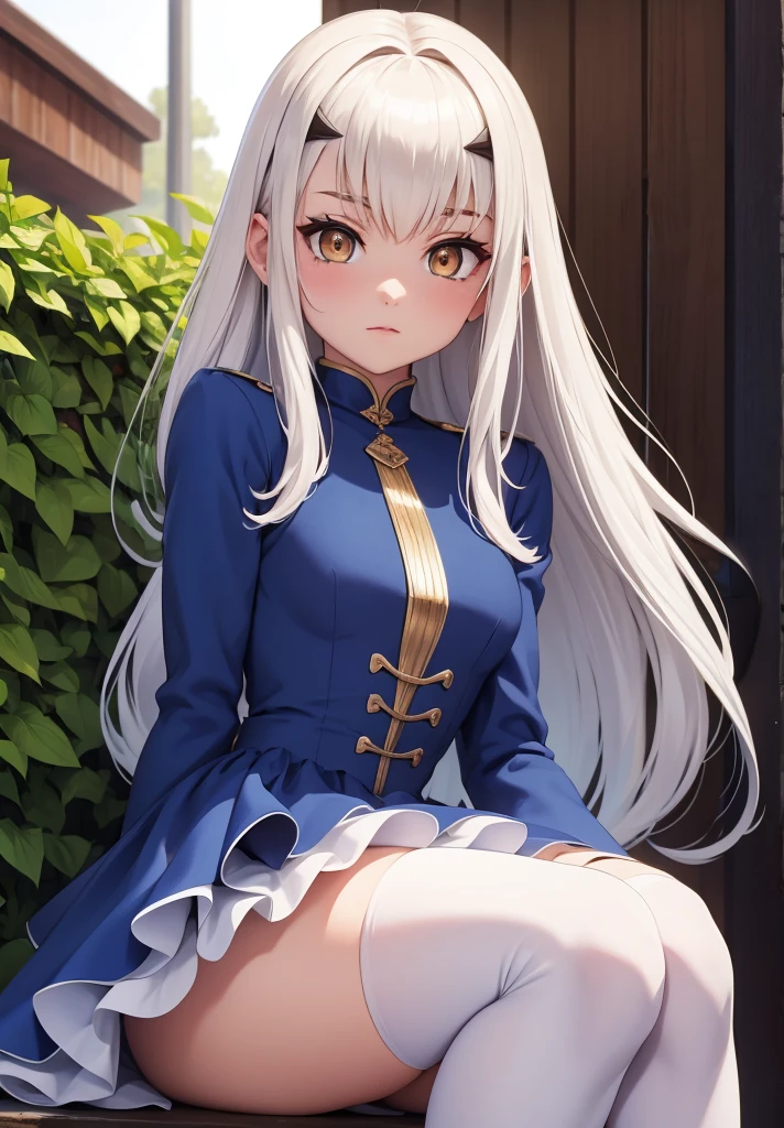 melusine, melusine, (brown eyes:1.5), long hair, white hair, sidelocks, (small breast:1.2),
BREAK blue dress, dress, frills, long sleeves, thighhighs, thighs, white thighhighs,
BREAK looking at viewer,
BREAK outdoors,
BREAK (masterpiece:1.2), best quality, high resolution, unity 8k wallpaper, (illustration:0.8), (beautiful detailed eyes:1.6), extremely detailed face, perfect lighting, extremely detailed CG, (perfect hands, perfect anatomy),