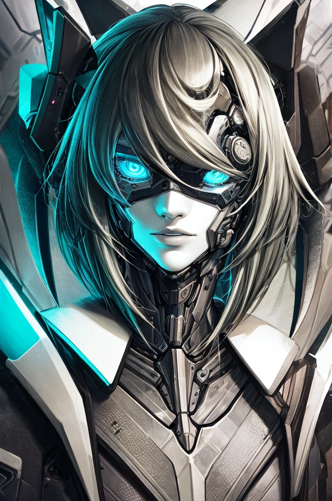 Mu-12 de Blazblue, Ciborg femenino con intrincados detalles mecánicos, hermosos ojos detallados, hermosos labios detallados, cara extremadamente detallada, Pestañas largas, cuerpo robótico, estilo ciberpunk, dark futuristic setting, Luces de neón, 8K, alta calidad, iluminación cinematográfica, paleta de colores apagados, Realista, arte digital