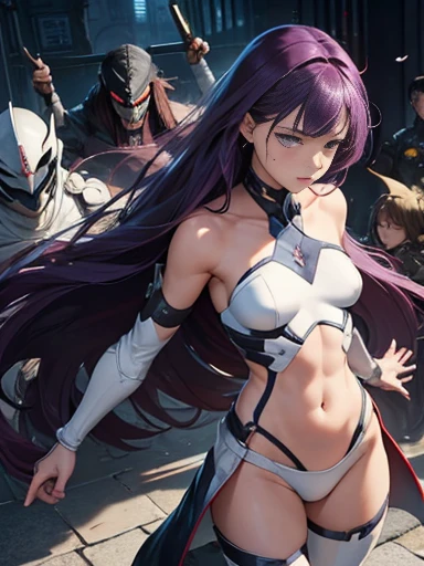 Highest quality、rape、Captured by mutants、Surrounded by mutants、defeat、Beautiful woman with very long purple hair、White Armor（Medium breast、Off the shoulder、No sleeve、No elbow pads、Belly button、High Leg、Exposed thighs）、White Armorのブーツ、Tears overflow、Frightened expression、Fleeing 1:5、Attacked by mutants 1:5、Many violent mutants 1:5、The mutant grabs the woman&#39;s arm.　Mutant attacks from behind、Mutant grabs leg、Mutant Swarm 1:5、darkness、another world、Dark fantasy、Pitch black hell