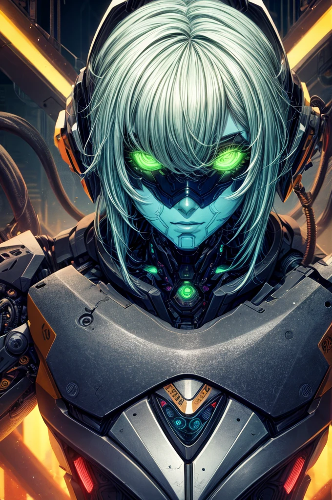 Mu-12 de Blazblue, détails mécaniques complexes, Beaux yeux détaillés, belles lèvres détaillées, visage extrêmement détaillé, long cils, corps robotique, style cyberpunk, cadre futuriste sombre, néons, 8k, Haute qualité, Éclairage cinématographique, palette de couleurs sourdes, animé, art numérique