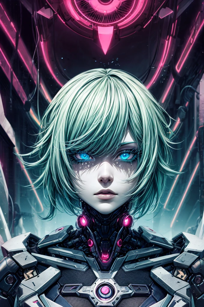 Mu-12 de Blazblue, détails mécaniques complexes, Beaux yeux détaillés, belles lèvres détaillées, visage extrêmement détaillé, long cils, corps robotique, style cyberpunk, cadre futuriste sombre, néons, 8k, Haute qualité, Éclairage cinématographique, palette de couleurs sourdes, animé, art numérique