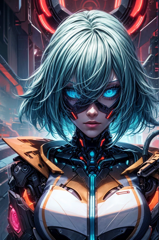 Mu-12 aus Blazblue, komplizierte mechanische Details, Schöne, detaillierte Augen, schöne detaillierte Lippen, extrem detailliertes Gesicht, lange Wimpern, Roboterkörper, cyberpunk style, dunkles futuristisches Setting, Neonlichter, 8k, gute Qualität, filmische Beleuchtung, gedämpfte Farbpalette, Anime-Serie, digital art