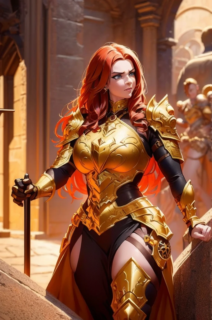 A giant 4.5 meter tall female goddess, with copper red hair, golden eyes, wearing red knight armor, muscular build, carrying a large mace, intimidating expression, round nose, (best quality,4k,8k,highres,masterpiece:1.2),ultra-detailed,(realistic,photorealistic,photo-realistic:1.37),epic fantasy,dark fantasy,dramatic lighting,dramatic atmosphere,cinematic,dramatic pose,highly detailed facial features,extremely intricate armor details,glowing energy effects