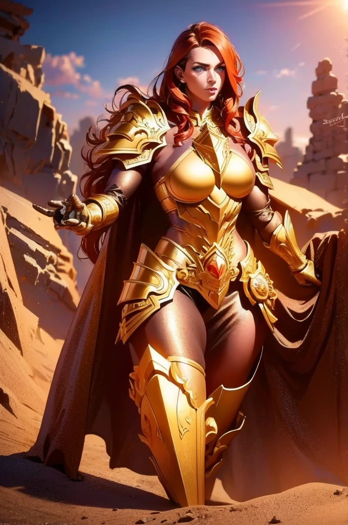 A giant 4.5 meter tall female goddess, with copper red hair, golden eyes, wearing red knight armor, muscular build, carrying a large mace, intimidating expression, round nose, (best quality,4k,8k,highres,masterpiece:1.2),ultra-detailed,(realistic,photorealistic,photo-realistic:1.37),epic fantasy,dark fantasy,dramatic lighting,dramatic atmosphere,cinematic,dramatic pose,highly detailed facial features,extremely intricate armor details,glowing energy effects