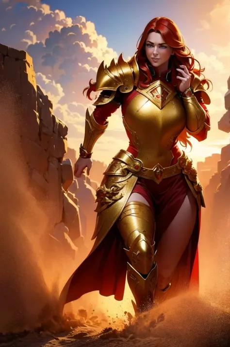 A giant 4.5 meter tall female goddess, with copper red hair, golden eyes, wearing red knight armor, muscular build, carrying a l...