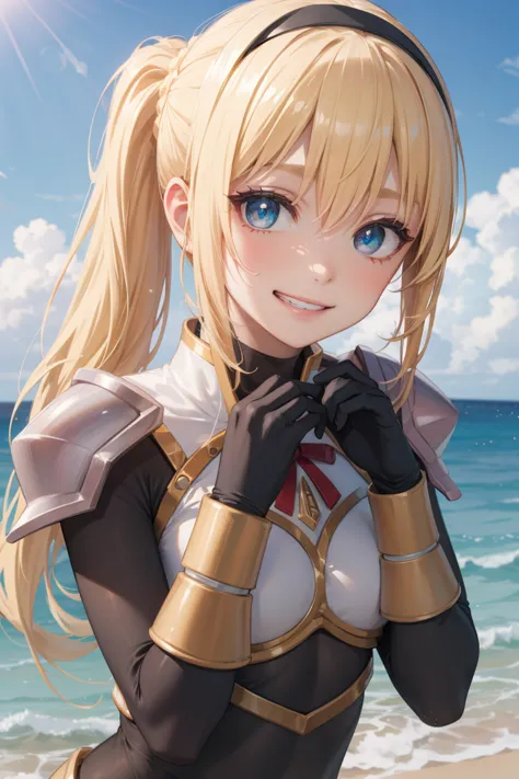 blonde hair, long hair with pony tail, hair ornament, 
break (open clothes, hairband, grin, (gold armor), body markings:1.2), br...