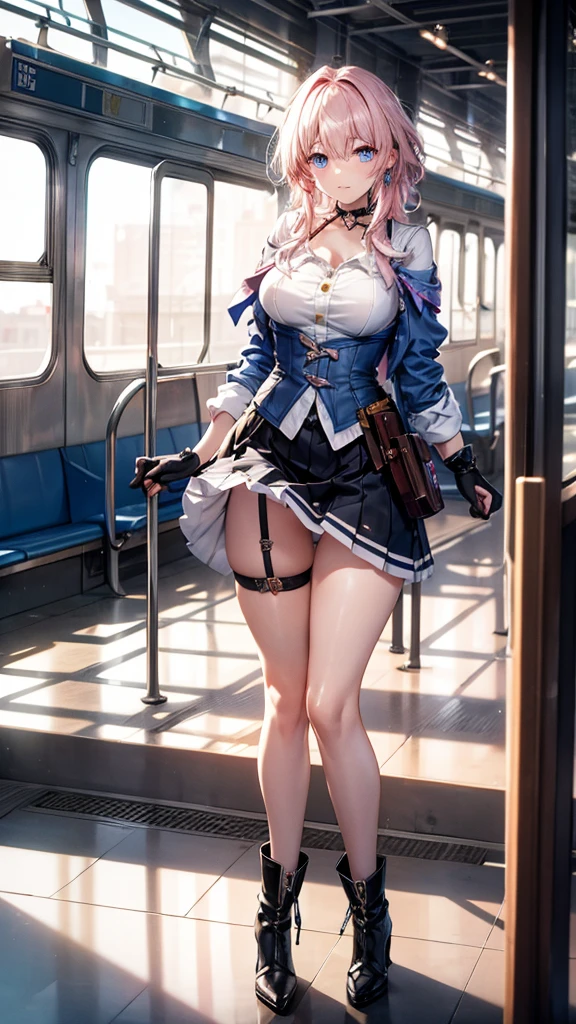 a beautiful young woman, light pink hair,  big blue eyes, ankle boots, archery shooting glove, badge, bare legs, black choker, black corset, black footwear, black gloves, blue jacket, blue skirt, boots, button badge, buttons, choker, collarbone, corset, earrings, flower ornament, gloves, high heel boots, high heels, jacket, jewelry, long sleeves, miniskirt, partially fingerless gloves, pleated skirt, shirt, showing blue lace panties, single earring, single glove, skirt, thigh strap, tied jacket, underbust, white shirt, blue lace panties,  detailed panties, skirt lift, flipped my skirt, innocent looking, beautiful detailed eyes, beautiful detailed lips, extremely detailed face, long eyelashes, sexy poseing in train station, sunlight streaming through the windows, intricate architectural details, gleaming metal and glass, warm color palette, cinematic lighting, photorealistic, 8k, high quality, DSLR, HDR