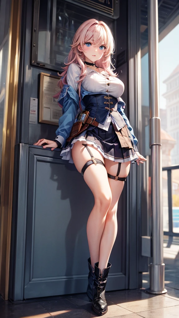 a beautiful young woman, light pink hair,  big blue eyes, ankle boots, archery shooting glove, badge, bare legs, black choker, black corset, black footwear, black gloves, blue jacket, blue skirt, boots, button badge, buttons, choker, collarbone, corset, earrings, flower ornament, gloves, high heel boots, high heels, jacket, jewelry, long sleeves, miniskirt, partially fingerless gloves, pleated skirt, shirt, showing blue lace panties, single earring, single glove, skirt, thigh strap, tied jacket, underbust, white shirt, blue lace panties,  detailed panties, skirt lift, flipped my skirt, innocent looking, beautiful detailed eyes, beautiful detailed lips, extremely detailed face, long eyelashes, pulling  her panties down in train station, sunlight streaming through the windows, intricate architectural details, gleaming metal and glass, warm color palette, cinematic lighting, photorealistic, 8k, high quality, DSLR, HDR