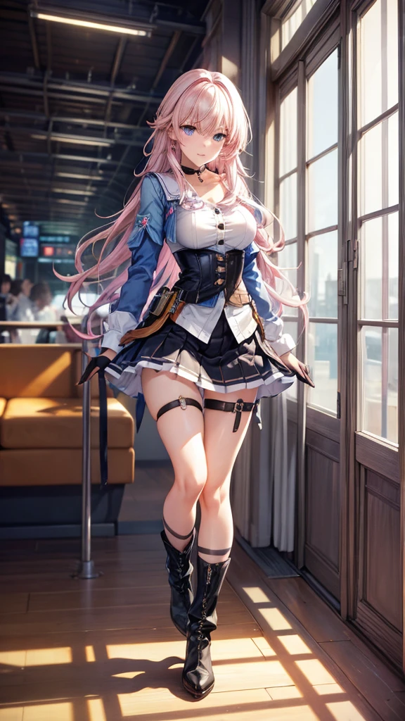 a beautiful young woman, light pink hair,  big blue eyes, ankle boots, archery shooting glove, badge, bare legs, black choker, black corset, black footwear, black gloves, blue jacket, blue skirt, boots, button badge, buttons, choker, collarbone, corset, earrings, flower ornament, gloves, high heel boots, high heels, jacket, jewelry, long sleeves, miniskirt, partially fingerless gloves, pleated skirt, shirt, showing blue lace panties, single earring, single glove, skirt, thigh strap, tied jacket, underbust, white shirt, blue lace panties,  detailed panties, skirt lift, flipped my skirt, innocent looking, beautiful detailed eyes, beautiful detailed lips, extremely detailed face, long eyelashes, pulling  her panties down in train station, sunlight streaming through the windows, intricate architectural details, gleaming metal and glass, warm color palette, cinematic lighting, photorealistic, 8k, high quality, DSLR, HDR