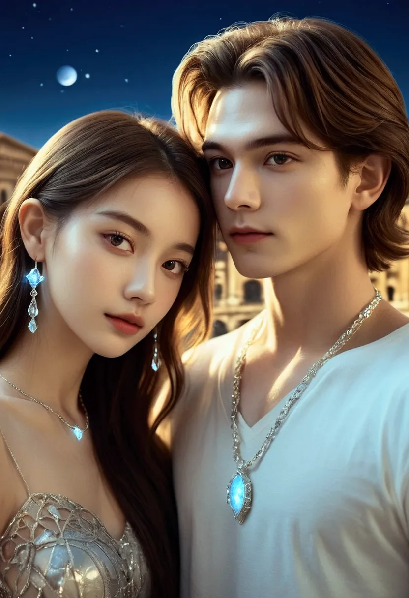 romantic, (beautiful teenage caucasian couple in rome_1 long haired man and 1 woman wearing luminous diamond necklace and earrin...