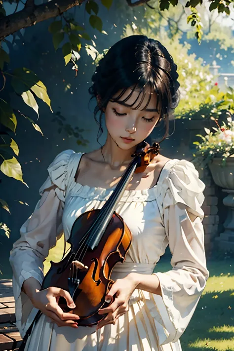 1 female、20-year-old woman、playing the violin、perfect anatomy,beautiful light and shadow, ,beautiful white skin, black hair,mid-...