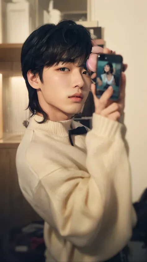 Araffe Asian man with black hair and a white sweater holding a cell phone, Jimin, park Jimin, Jimin\fleshy lips, Jimin\the Greek nose, Kim Doyoung, Jungkook, Jimin\the right eyelid is swollen, Yoongi with black hair, Tae June Kim, accurate Jimin face, sun yunjoo, hyung tae, Retrato de Jossi do Blackpink