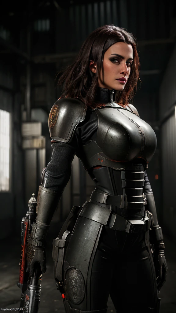 intricate detailed cyberpunk sci-fi hangar interior, highly detailed Bokatan character, 1 female, beautiful detailed face, detailed eyes, detailed nose, detailed lips, intricate detailed armor, intricate detailed weapons, cinematic dramatic lighting, dark moody atmosphere, moody dramatic colors, gritty realistic textures, (best quality,8k,highres,masterpiece:1.2),ultra-detailed,(realistic,photorealistic,photo-realistic:1.37)