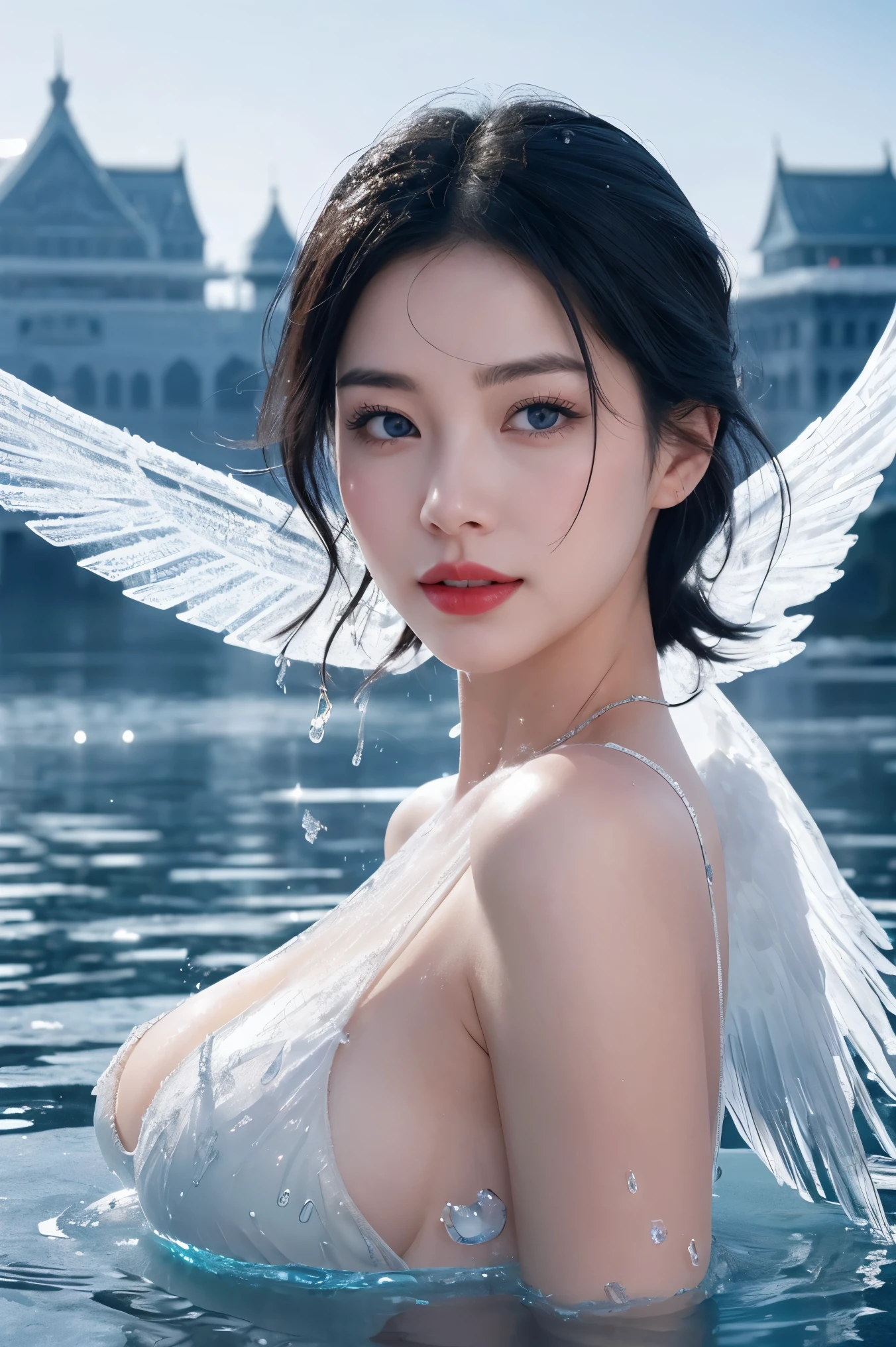 1 girl,Black Hair,blue eyes,red_lips_,Very beautiful face,Big Breasts,rock,BREAK Beautiful and delicate sparkle,fine ice,Beautiful, high-quality water,(floating palaces:1.2),(Wings with ice crystal texture),((Water Drop)),Wet clothes,((Beautiful, high-quality water)),((floating)),Dynamic Angle,