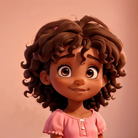 Raise a female , 4 years old, light brown skin color, body hair. dark and curly, small dark brown eyes and I have a mole on my forehead,  in pink dress