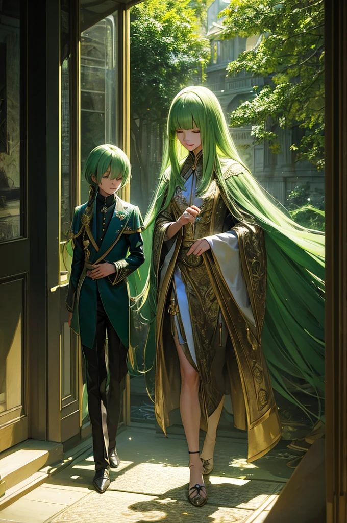 a young boy with long green hair down to his feet, straight green hair, bangs covering his eyes, with a sweet smile, wearing elegant princely child's clothing, fantasy creature, highly detailed, photorealistic, 8k, masterpiece, cinematic lighting, dramatic shadows, vivid colors, beautiful digital painting, concept art