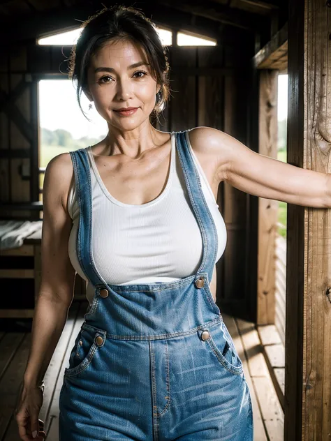 (masterpiece:1.4), ((beautiful 60 year old woman:1.5)),(facial wrinkles : 1.2), gentle smile, (white tank-tops : 1.2), (dungaree...