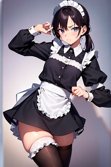 maid costume、black tights、leg spread