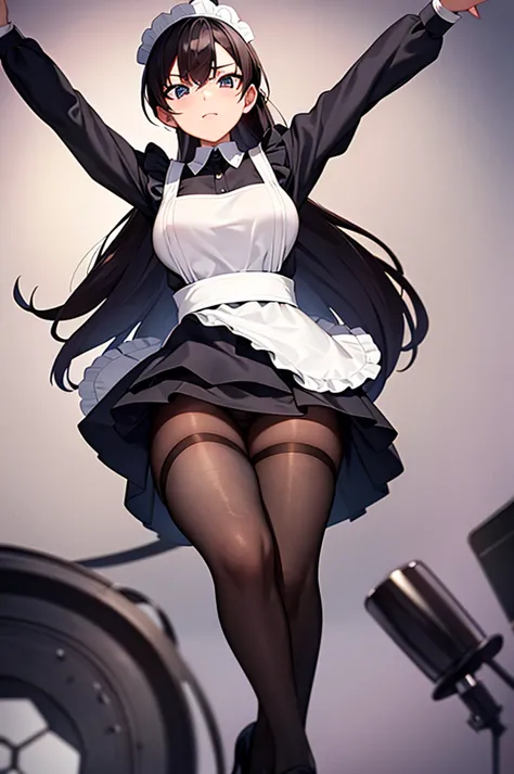 maid costume、black tights、leg spread