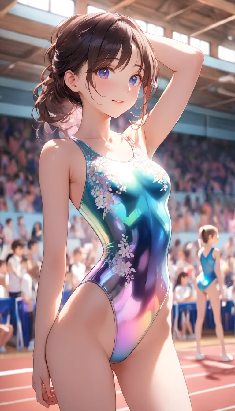 highquality illustration, masterpiece, very delicate and beautiful, attractive girl,((gymnastics leotard,tight-fit
 leotard,long sleeve leotard,long_sleeve leotard,high_leg leotard,athletic leotard,floral patterns leotard,iridescent gradient leotard)), audience reactions,thin,slender body,slim,high school,gymnasium,gymnastics club,beautiful eyes,(masterpiece, best quality:1.2), highres, extremely detailed CG unity 8k wallpaper, perfect lighting, Colourful, ultra-high res,4K,ultra-detailed, photography, 8K, HDR,  s,cowboy shot,