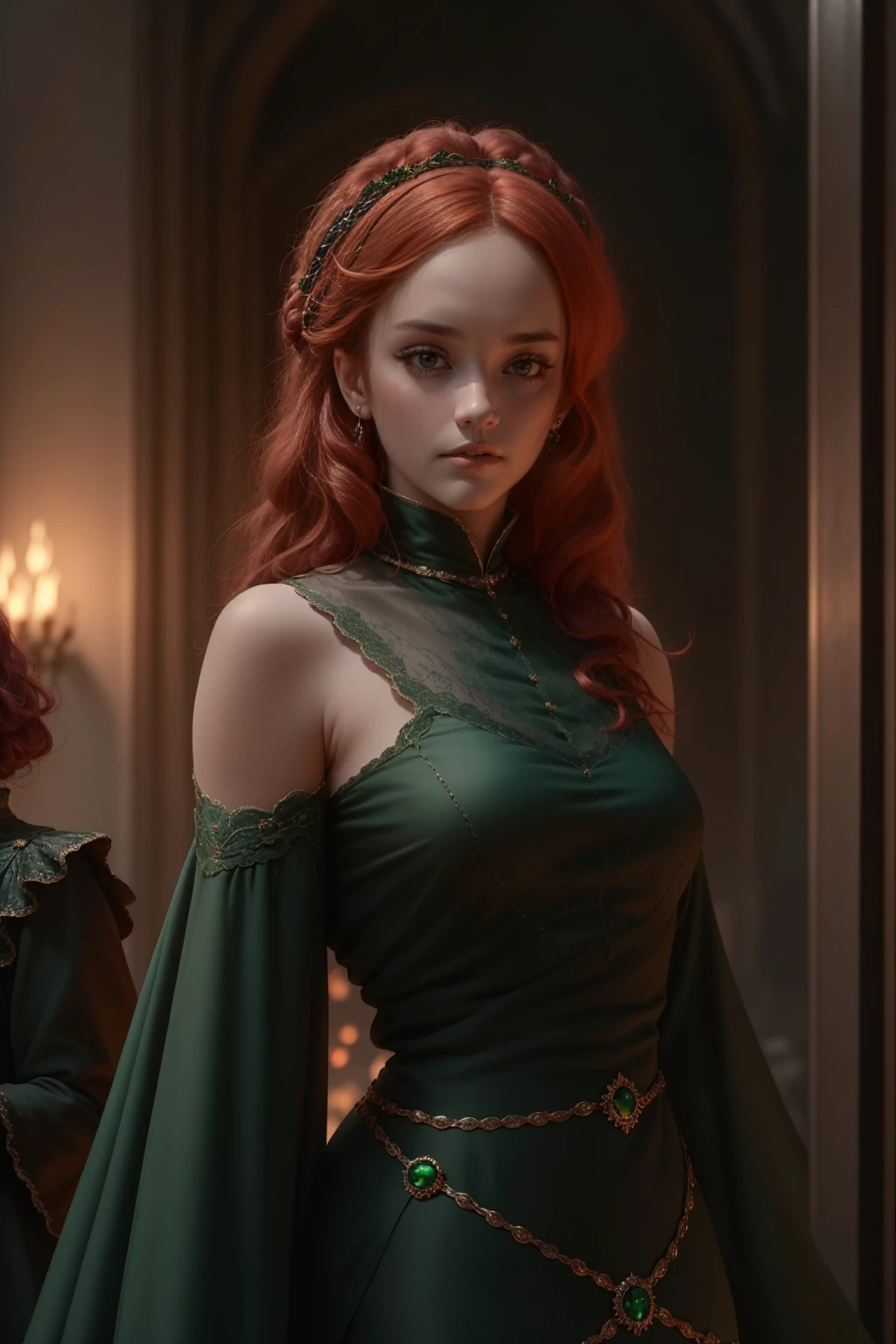 {-erro_de_anatomia:1.0} woman 40 years old, victorian era, queen clothes, (green dress), dark castle, a woman (alicent hightower), meddium dark red hair (dark red hair), (brown eyes) . Indifferent look , merciless. among the dragons, dinamic poses, egoist smile, upper body,