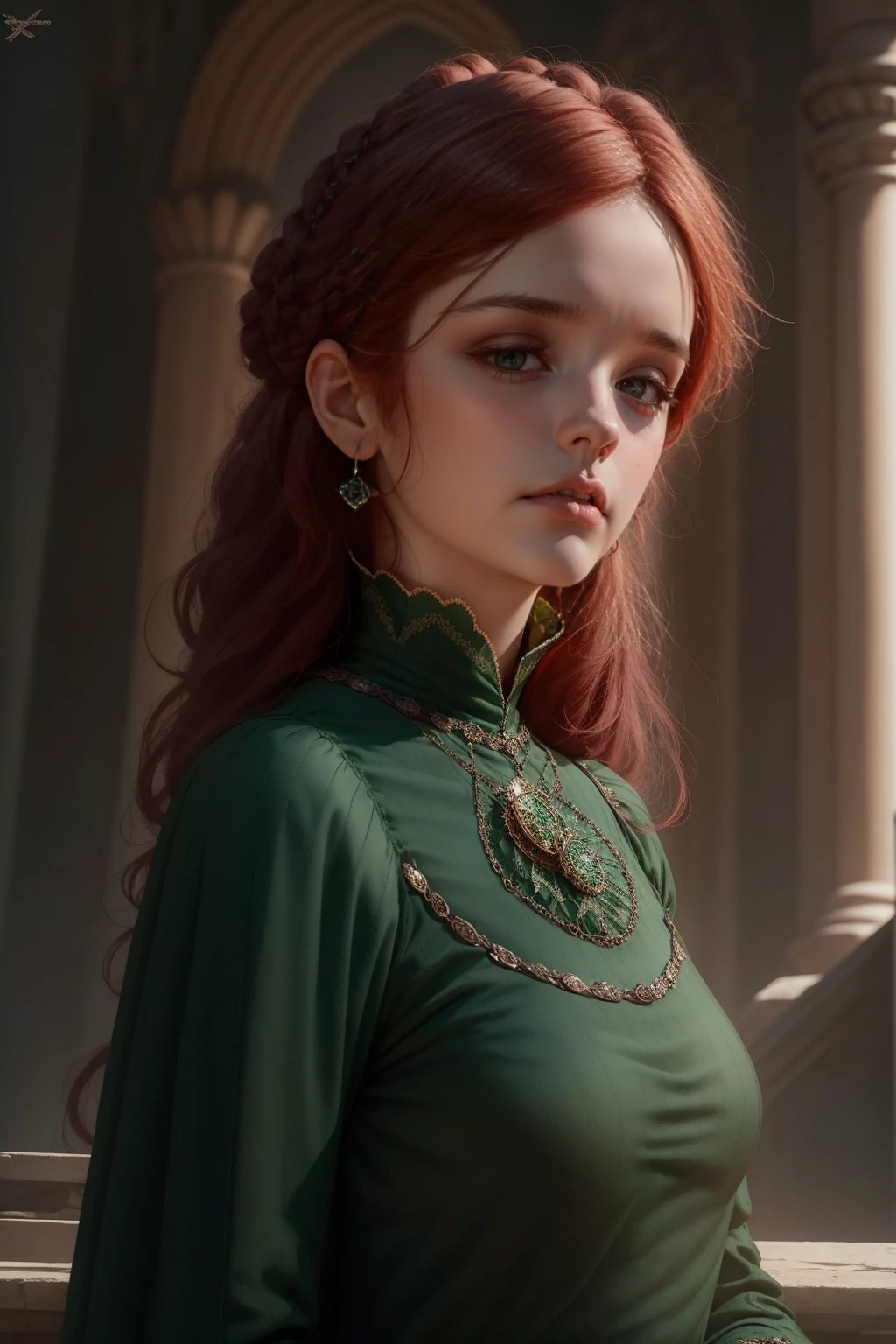 {-erro_de_anatomia:1.0} woman 40 years old, victorian era, queen clothes, (green dress), dark castle, a woman (alicent hightower), meddium dark red hair (dark red hair), (brown eyes) . Indifferent look , merciless. among the dragons, dinamic poses, egoist smile, upper body,