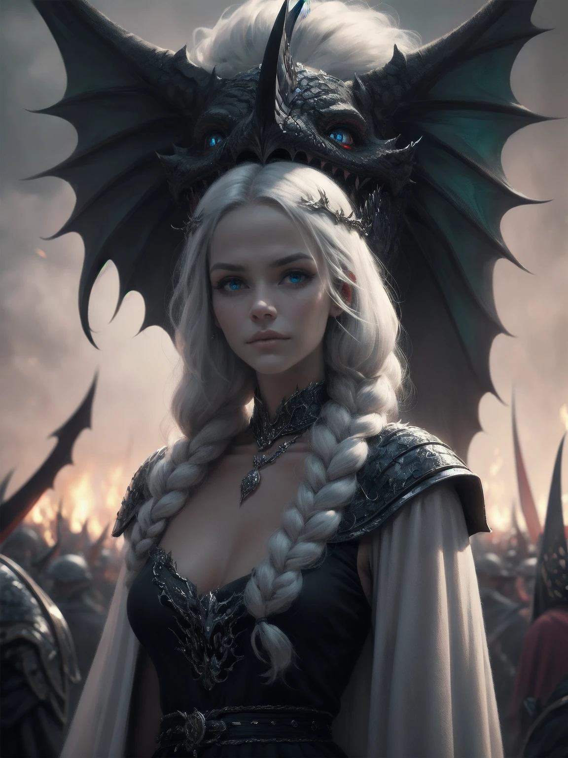 {-erro_de_anatomia:1.0} woman 30 years old, north,viking clothes, (nordic dress), dark castle, a woman (baela targaryen), black woman, (black skin) very long white curly hair (white hair), (blue eyes) . Indifferent look , merciless. among the dragons, dinamic poses, egoist smile, upper body, angry face