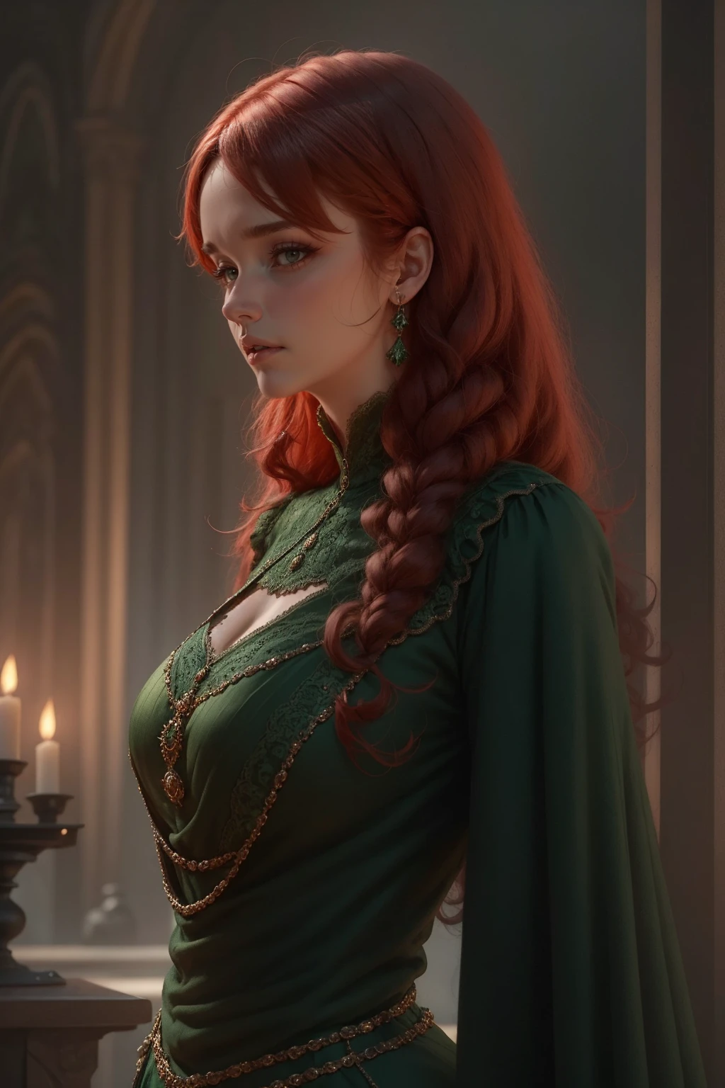 {-erro_de_anatomia:1.0} woman 40 years old, victorian era, queen clothes, (green dress), dark castle, a woman (alicent hightower), meddium dark red hair (dark red hair), (brown eyes) . Indifferent look , merciless. among the dragons, dinamic poses, egoist smile, upper body,

