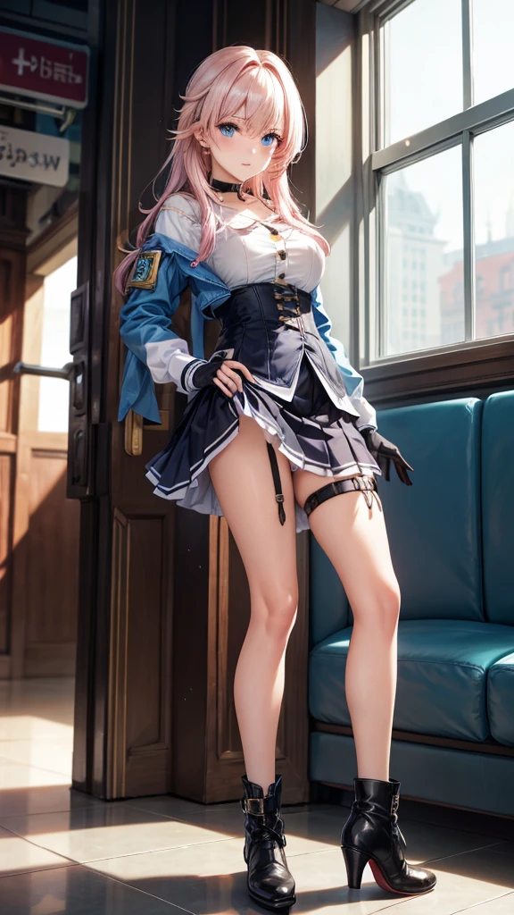 a beautiful young woman, light pink hair,  big blue eyes, ankle boots, archery shooting glove, badge, bare legs, black choker, black corset, black footwear, black gloves, blue jacket, blue skirt, boots, button badge, buttons, choker, collarbone, corset, earrings, flower ornament, gloves, high heel boots, high heels, jacket, jewelry, long sleeves, miniskirt, partially fingerless gloves, pleated skirt, shirt, showing blue lace panties, single earring, single glove, skirt, thigh strap, tied jacket, underbust, white shirt, blue lace panties,  detailed panties, skirt lift, flipped my skirt, innocent looking, beautiful detailed eyes, beautiful detailed lips, extremely detailed face, long eyelashes, pulling  her panties down in train station, sunlight streaming through the windows, intricate architectural details, gleaming metal and glass, warm color palette, cinematic lighting, photorealistic, 8k, high quality, DSLR, HDR