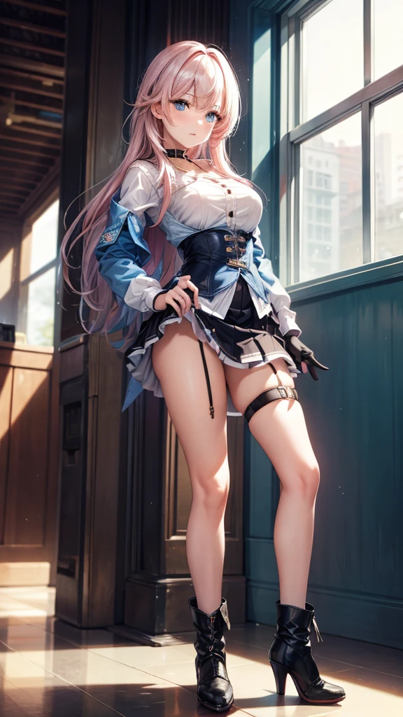 a beautiful young woman, light pink hair,  big blue eyes, ankle boots, archery shooting glove, badge, bare legs, black choker, black corset, black footwear, black gloves, blue jacket, blue skirt, boots, button badge, buttons, choker, collarbone, corset, earrings, flower ornament, gloves, high heel boots, high heels, jacket, jewelry, long sleeves, miniskirt, partially fingerless gloves, pleated skirt, shirt, showing blue lace panties, single earring, single glove, skirt, thigh strap, tied jacket, underbust, white shirt, blue lace panties,  detailed panties, skirt lift, flipped my skirt, innocent looking, beautiful detailed eyes, beautiful detailed lips, extremely detailed face, long eyelashes, pulling  her panties down in train station, sunlight streaming through the windows, intricate architectural details, gleaming metal and glass, warm color palette, cinematic lighting, photorealistic, 8k, high quality, DSLR, HDR