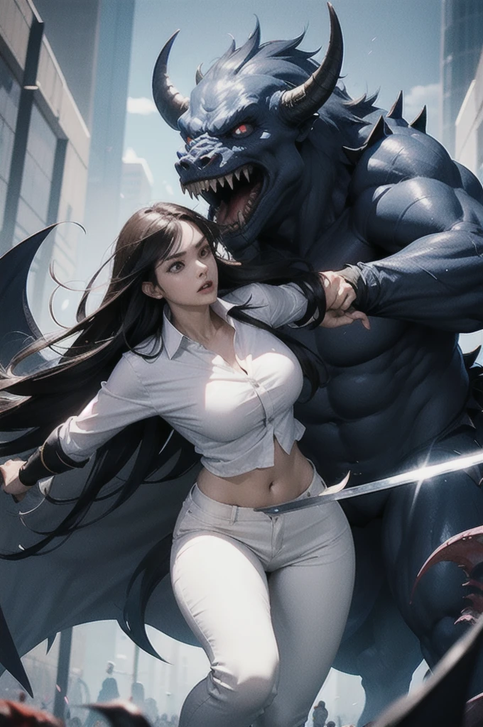 beautiful girl fighting with massive monster, she wear white shirt and black pants, perfect body, using sword, fight with scary monster, crowd of monster, surrounded by monster, bloody