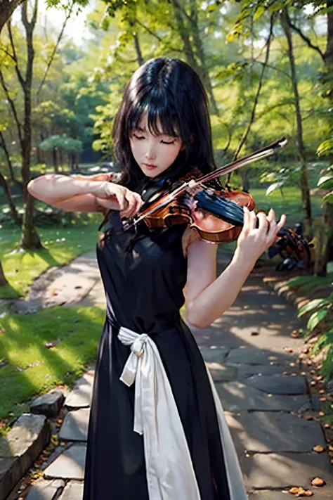 1 female、20-year-old woman、playing the violin、perfect anatomy,beautiful light and shadow, ,beautiful white skin, black hair,mid-...