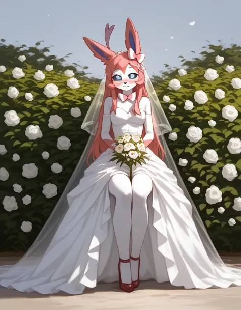 alone, score_9,score_8_up,score_7_up, an anthro furry female sylveon girl, black sclera, white eyes, full body, wearing wedding ...