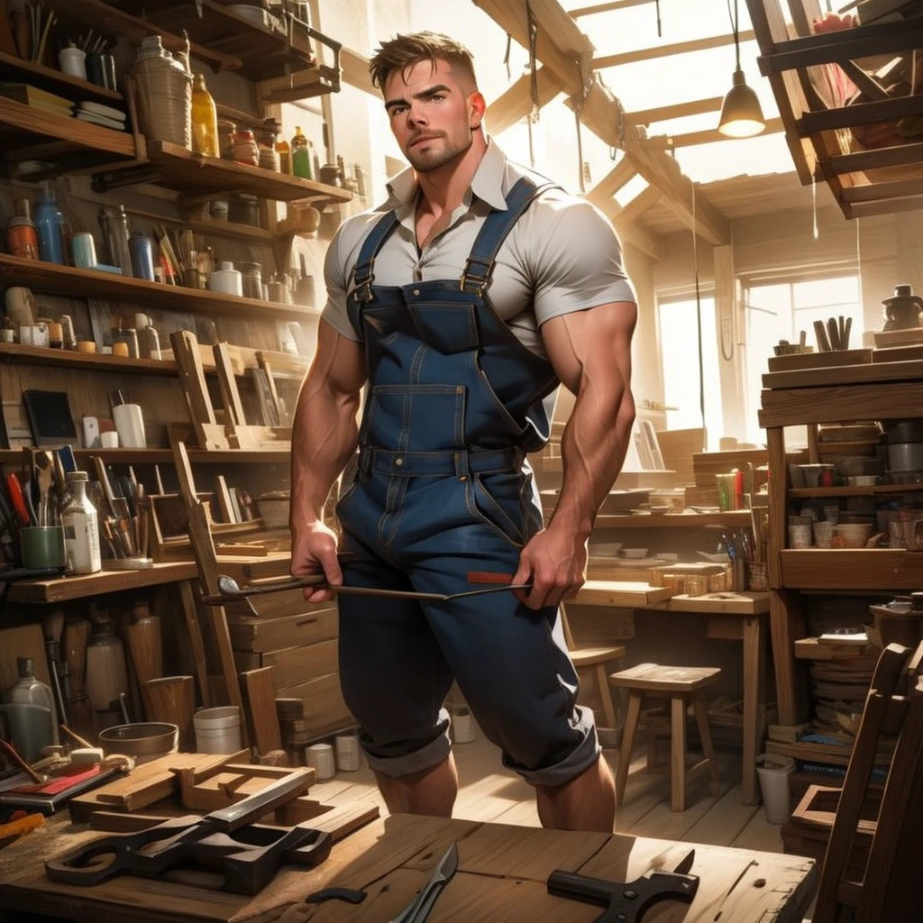 masterpiece, best quality, face, natural eyes, 1man, macho man,, muscled and mature, stephen amell as a carpenter wearing totally unbuttoned overall, sweating, tight cloth showing his muscles and bulge , full body , background wood workshop , woodwork of chairs  , tools , wood parts , volumetric dynamic bright  light .....