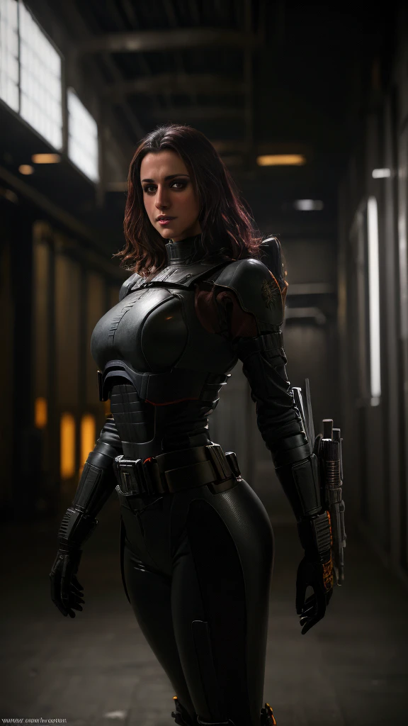 intricate detailed cyberpunk sci-fi hangar interior, highly detailed Bokatan character, 1 female, beautiful detailed face, detailed eyes, detailed nose, detailed lips, intricate detailed armor, intricate detailed weapons, cinematic dramatic lighting, dark moody atmosphere, moody dramatic colors, gritty realistic textures, (best quality,8k,highres,masterpiece:1.2),ultra-detailed,(realistic,photorealistic,photo-realistic:1.37)