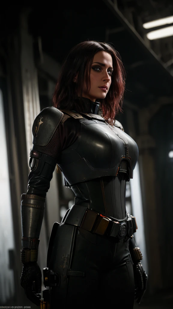 intricate detailed cyberpunk sci-fi hangar interior, highly detailed Bokatan character, 1 female, beautiful detailed face, detailed eyes, detailed nose, detailed lips, intricate detailed armor, intricate detailed weapons, cinematic dramatic lighting, dark moody atmosphere, moody dramatic colors, gritty realistic textures, (best quality,8k,highres,masterpiece:1.2),ultra-detailed,(realistic,photorealistic,photo-realistic:1.37)