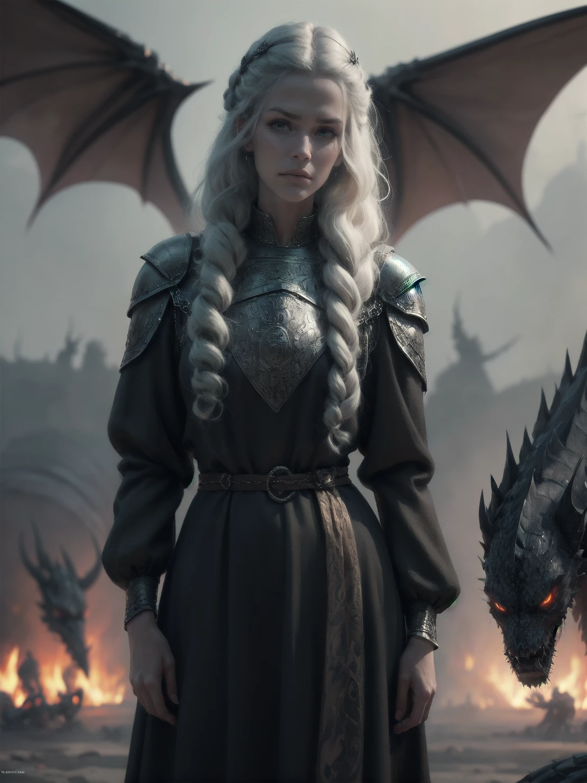 {-erro_de_anatomia:1.0} woman 30 years old, north,viking clothes, (nordic dress), dark castle, a woman (baela targaryen), black woman, (black skin) very long white curly hair (white hair), (blue eyes) . Indifferent look , merciless. among the dragons, dinamic poses, egoist smile, upper body, angry face